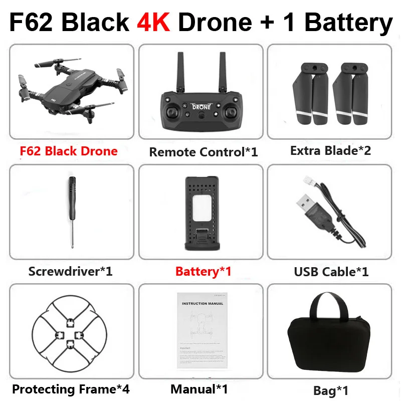 F62 B 4K 1B Bag F62 Foldable Profissional Drone with 4K HD Dual Camera WiFi FPV Optical Flow Wide Angle RC Helicopter Quadrocopter Toy SG106 E58 - Цвет: F62 B 4K 1B Bag