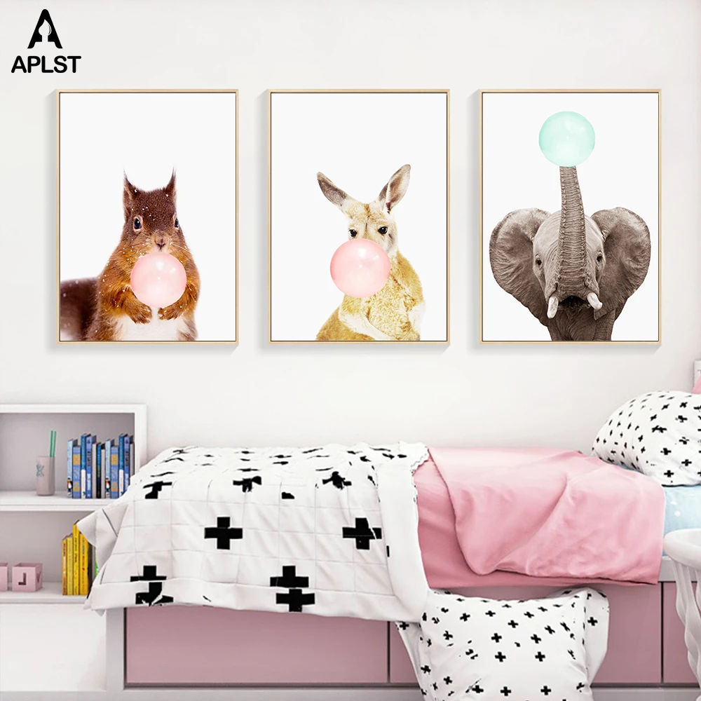 Nursery Posters &amp Prints Squirrel Kangaroo Elephant Bubble Gum Animal Canvas Paintings Wall Art Decal Kids Room Pictures | Дом и сад