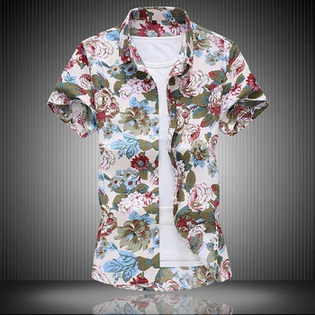 

7 Styles High Quality 2020 Slim Fit Summer Mens Short Sleeve Casual Shirt Flower Print Floral Male Blouse