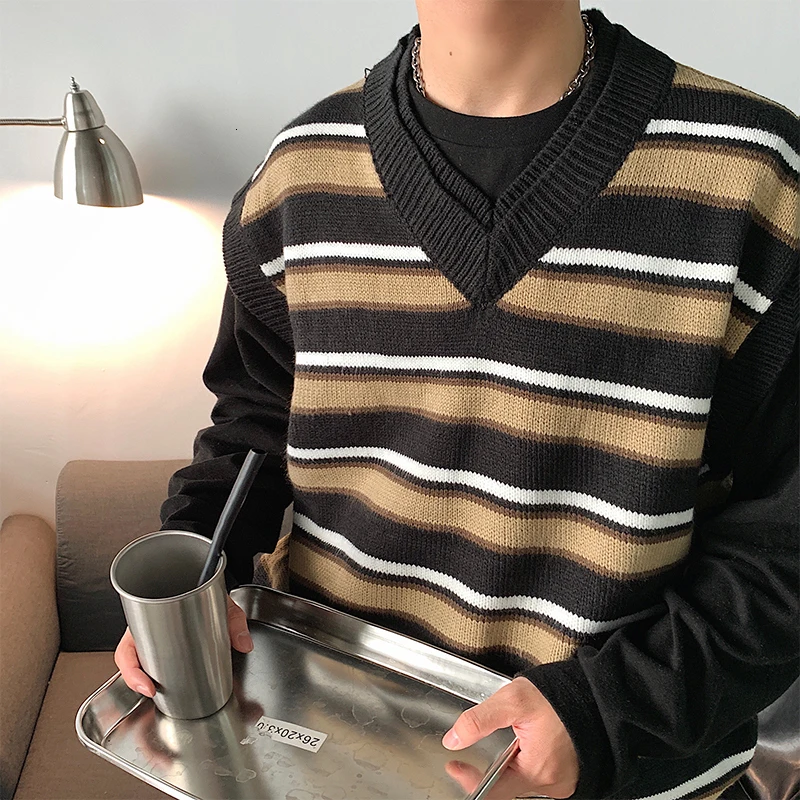 Autumn New Vest Sweater Men Fashion Contrast Color Casual Striped Knit Vest Sweaters Man Loose Pullover Men Sweter Clothes Autumn New Vest Sweater Men Fashion Contrast Color Casual Striped Knit Vest Sweaters Man Loose Pullover Men Sweter Clothes