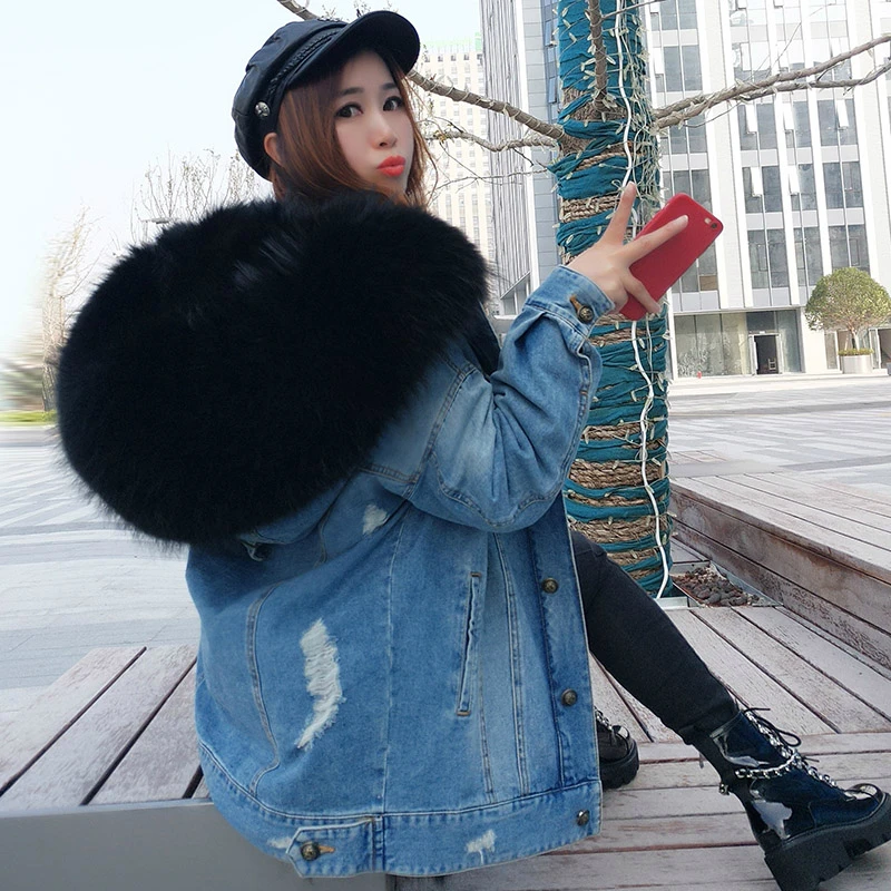 Flash Deal OFTBUY 2019 Winter Jacket Women Real Fur Coat Parka Real raccoon collar Rex Rabbit liner striped bomber Denim jacket Streetwear 8