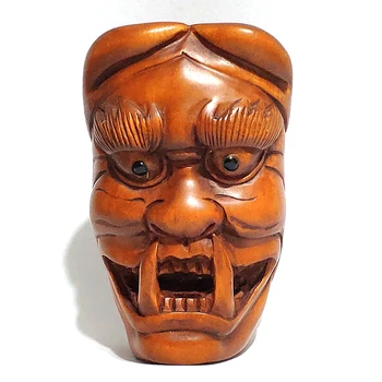 

Y7068- 2" Hand Carved Boxwood Netsuke Figurine Pendant Bead - Gothic Devil Mask