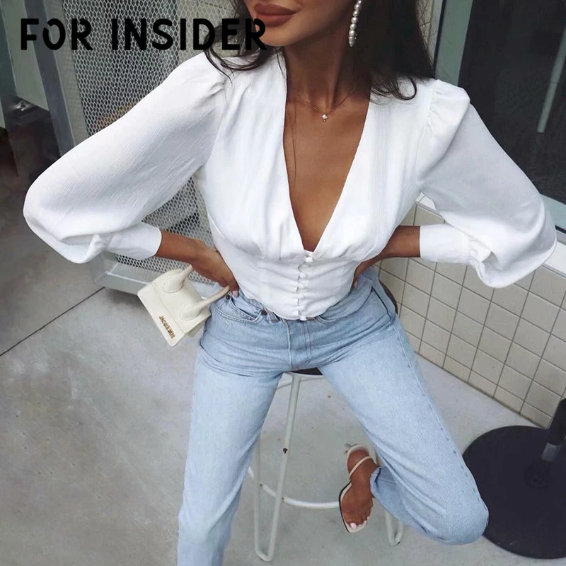 

For Insider Elegant v neck button white blouse shirt Womens lantern sleeve tops and blouses Vintage short cropped blusas female
