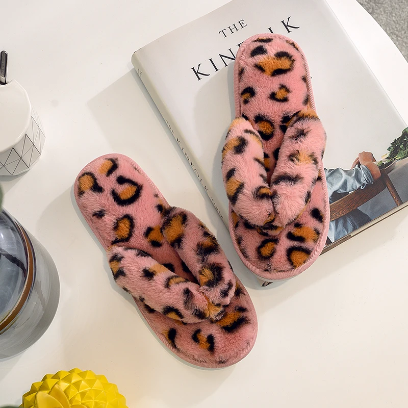 Pink Leopard Вьетнамки; женские зимние домашние тапочки; женские домашние тапочки из искусственного меха; удобные женские тапочки с леопардовым принтом - Цвет: Pink Leopard