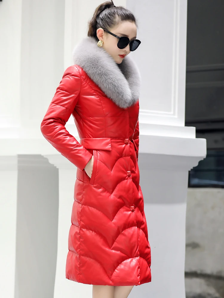 Кожаный пуховик женский зима тонкий толстый лисий мех воротник длинное пальто из овчины женская куртка из натуральной кожи