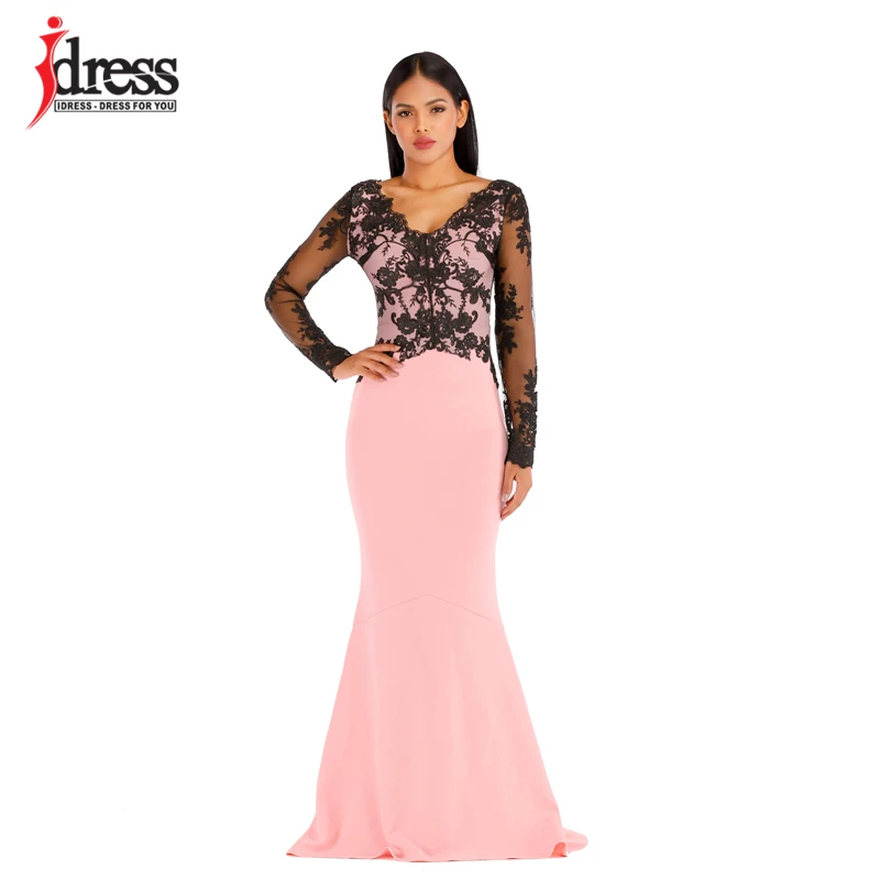 IDress High Quality Elegant V Neck Evening Mermaid Wedding Party Dress Sexy Lace Patchwork Dress Full-Length Maxi Long Dress (5)