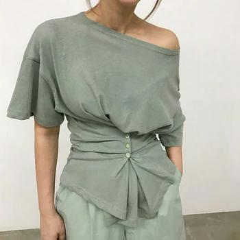 

Solid Irregular T Shirt For Women O Neck Short Sleeve Slim Button Ruc Tops Female Summer Fashion Clothes