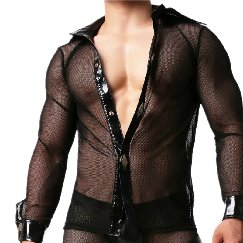 Мужской комплект одежды, сексуальная прозрачная рубашка с длинным рукавом, боксеры, шорты, мужские трусы, нижнее белье, борцовские шорты, костюмы - Цвет: Only Shirt