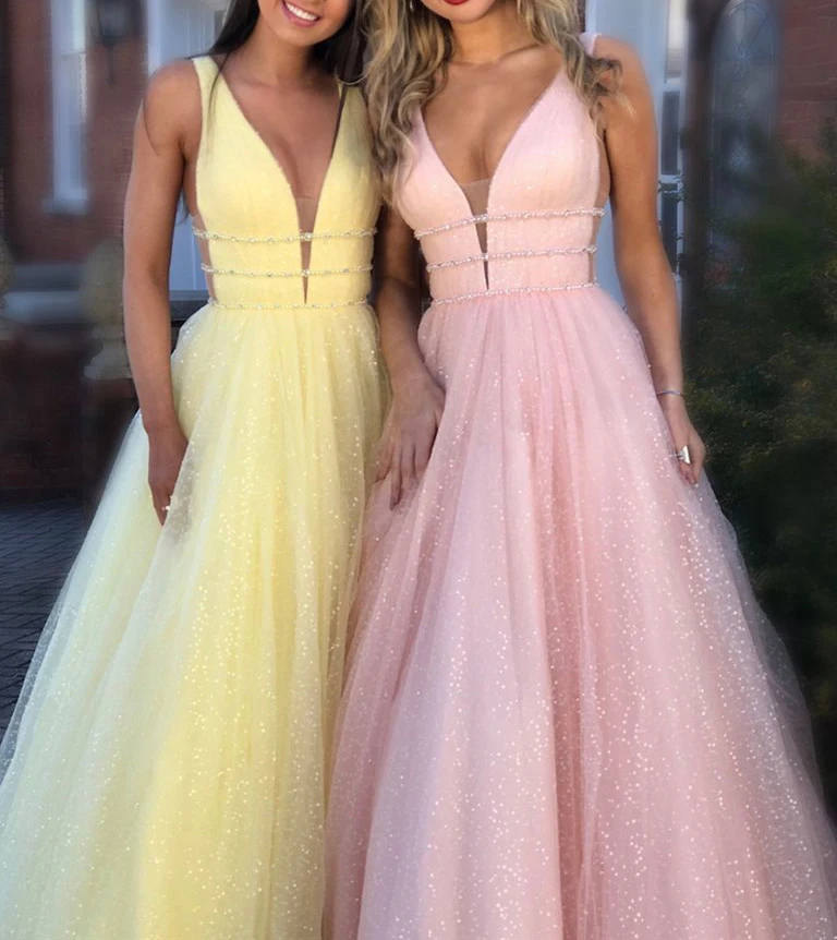 

2020 Robe De Soiree Long Prom Dresses With V Neck Formal Dresses Sparkly A-Line Vestidos Prom Gown