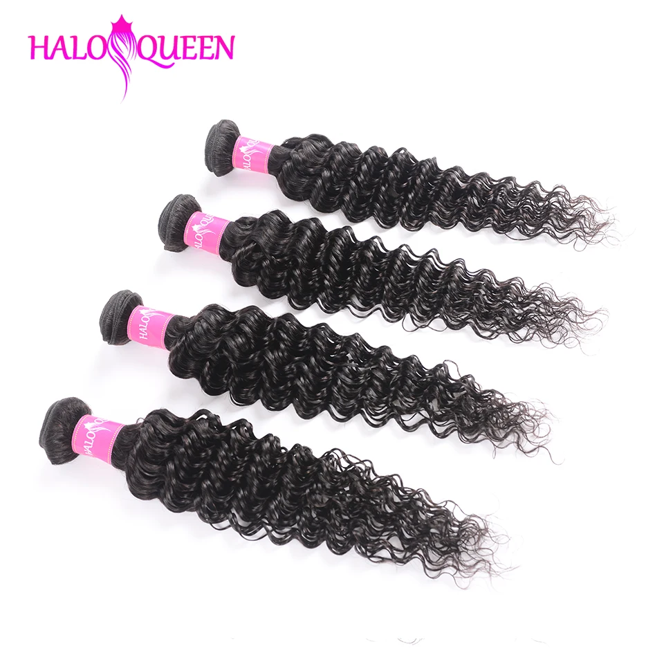 

HALOQUEEN 4 pieces 8-30 inch Deep Wave Bundles Peruvian Hair Weave Bundles Natural Color Non Remy Hair Human Hair Extensions