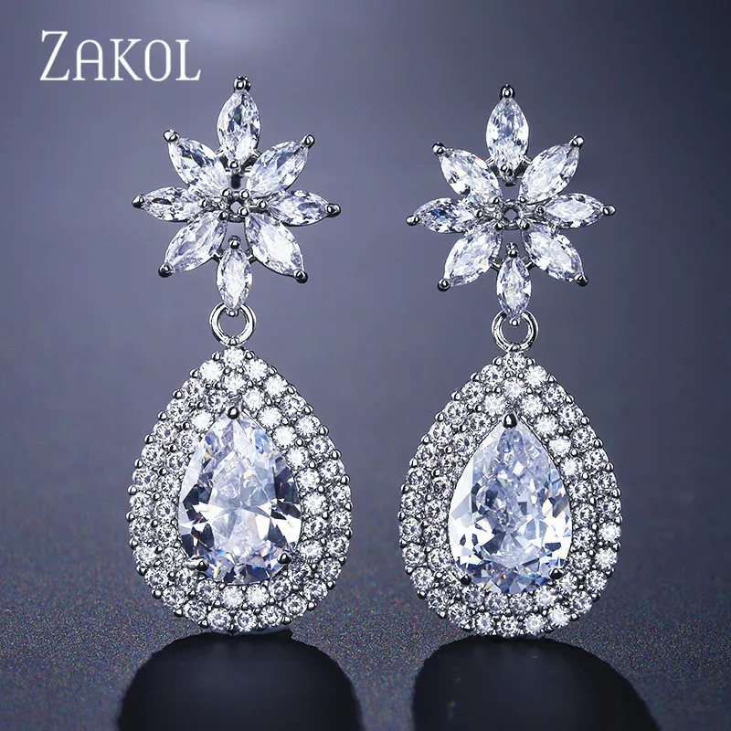 White Модные висячие серьги ZAKOL из никеля в форме капли воды с кристаллами и цирконием для женщин, блестящие свадебные ювелирные изделия FSEP4031 - Окраска металла: White