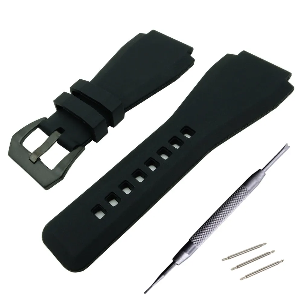24X34 мм черный резиновый кожаный ремешок для часов Колокольчик для Росса BR-01 и BR-03 DIY Замена черный/серебристый пряжка - Цвет ремешка: black black clasp
