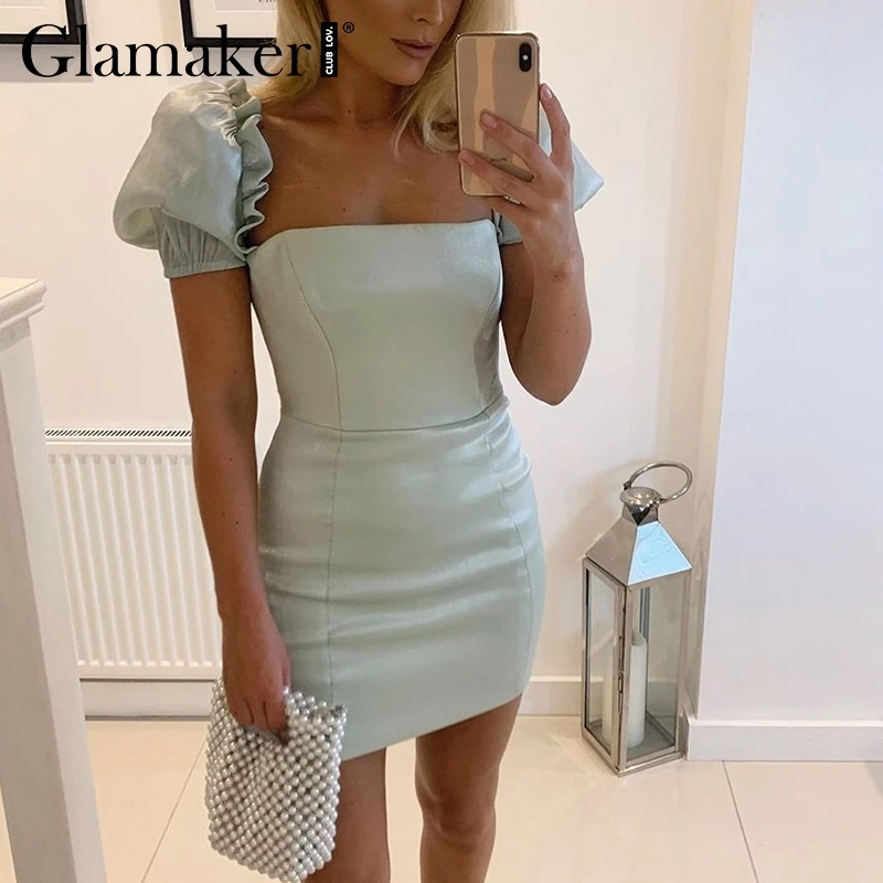 Glamaker, сексуальное облегающее осеннее платье с оборками и квадратным воротником, женское короткое платье с пышными рукавами, элегантное женское Клубное платье, вечерние платья