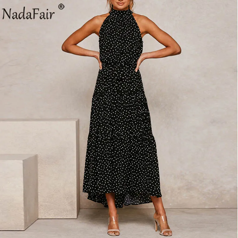 Nadafair А-силуэт Холтер без рукавов черный белый летнее пляжное длинное платье с поясом Бохо макси в горошек платья для женщин - Цвет: Черный