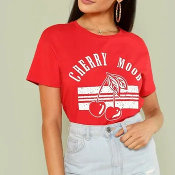 

Summer t-shirt Women men cherry Print Short Sleeve Loose tops & tees New Fashion Streetwear Casual Female men T-shirts Red