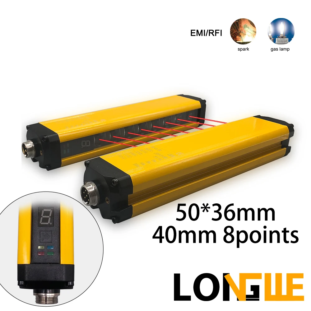 Longwe  8 Beams 40mm Protection Infrared Safety Light Curtains LED Digital Display Safe Area Photoelectric Sensor 50*36