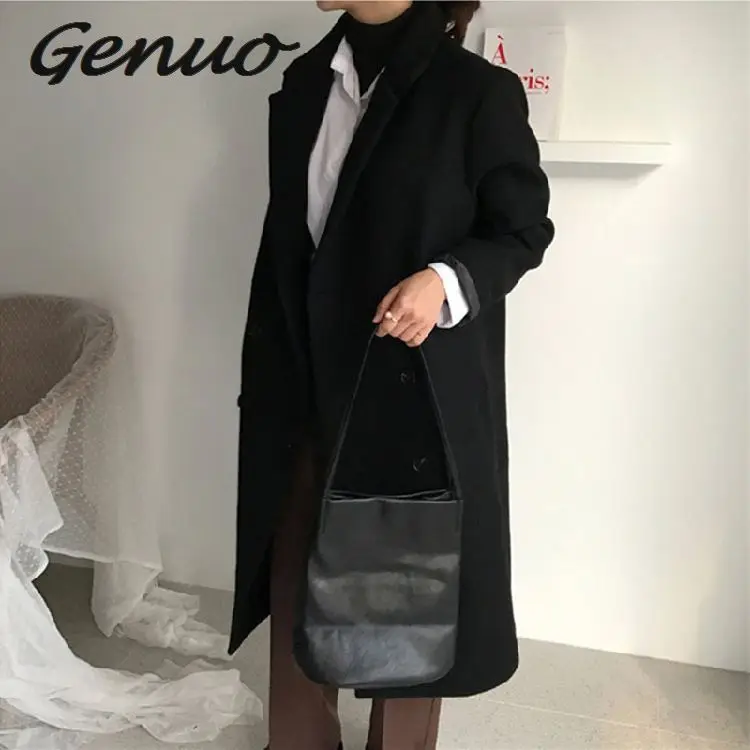 Genuo Новое корейское шикарное пальто женское модное шерстяное уличное пальто весеннее теплое Новое однотонное длинное женское универсальное пальто размера плюс