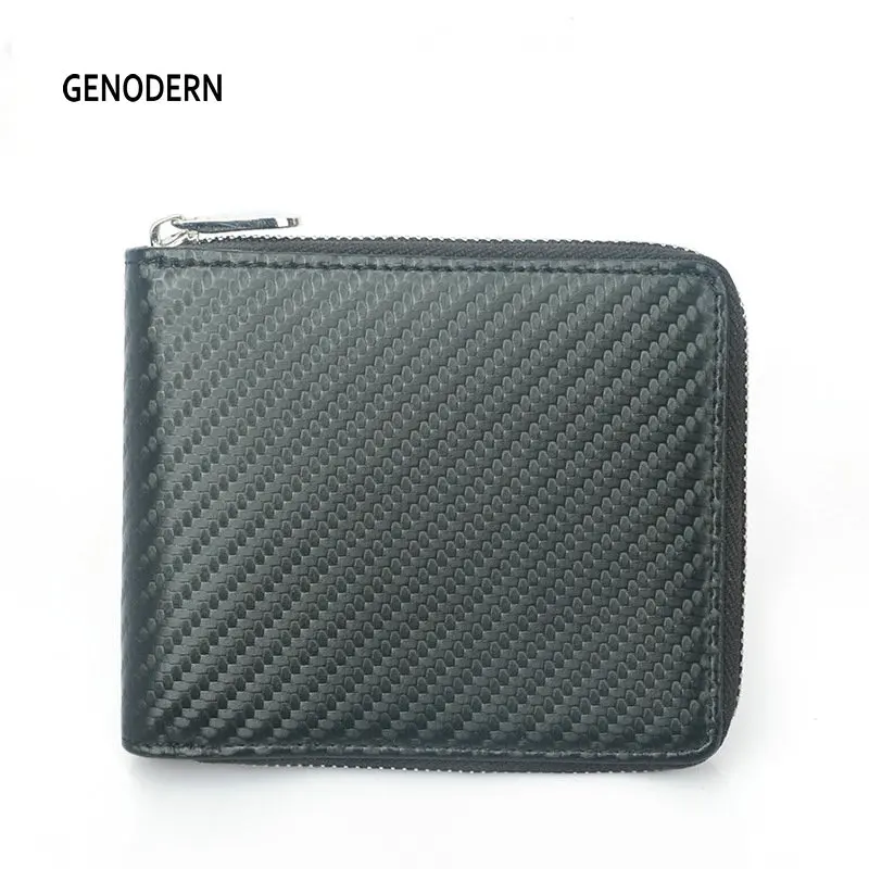 

GENODERN New RFID Blocking Carbon Fiber Pattern Men Wallet European & American Zipper Multi Card Wallet Fashion Male Purse