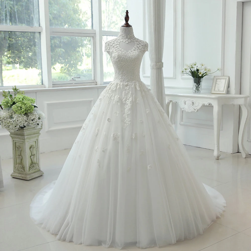 

Bruidsjurken High Neck Plus Size Wedding Dress Ivory Tulle Vestido de Noiva Princesa Luxury Robe de Mariage Bridal Gown