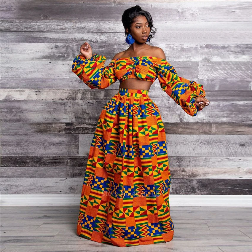 Африканские платья для женщин, новинка, женские платья с длинным рукавом и открытыми плечами, с принтом в виде Дашики, юбки с разрезом, осенняя африканская одежда