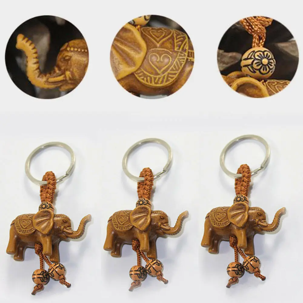 Key Chains 1 PCS Elephant Keychain Peach Wood Carving Pom Pom Cute Keychain Stainless Steel