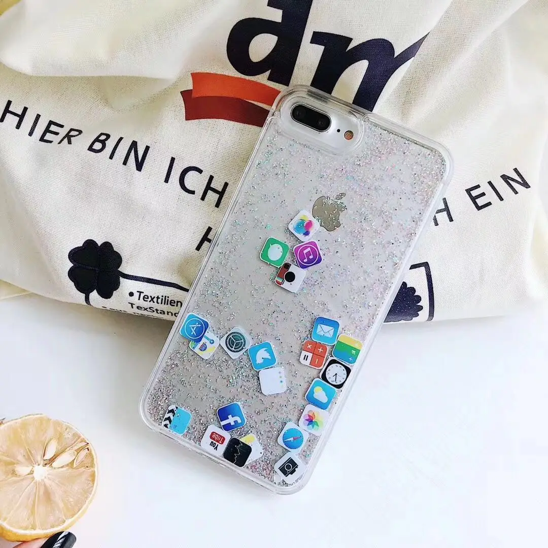 Чехол Quicksand для iPhone 7 X XR XS Max 9 10, динамический жидкий значок приложения, Жесткий Чехол для iPhone 8 Plus, 6, 6 S, 7, 8 Plus, блестящий чехол