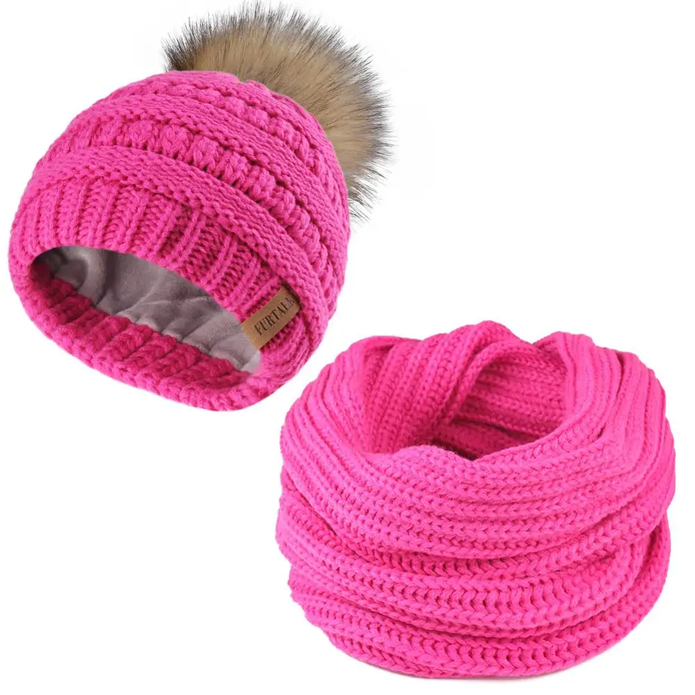 FURTALK детская зимняя шапка и шарф, комплект одежды для мальчиков и девочек, пальто из искусственного меха Pom Beanie Hat Baby флис зимние шапки и шарфа для детей На возраст от 2-10 л - Цвет: Розово-красный