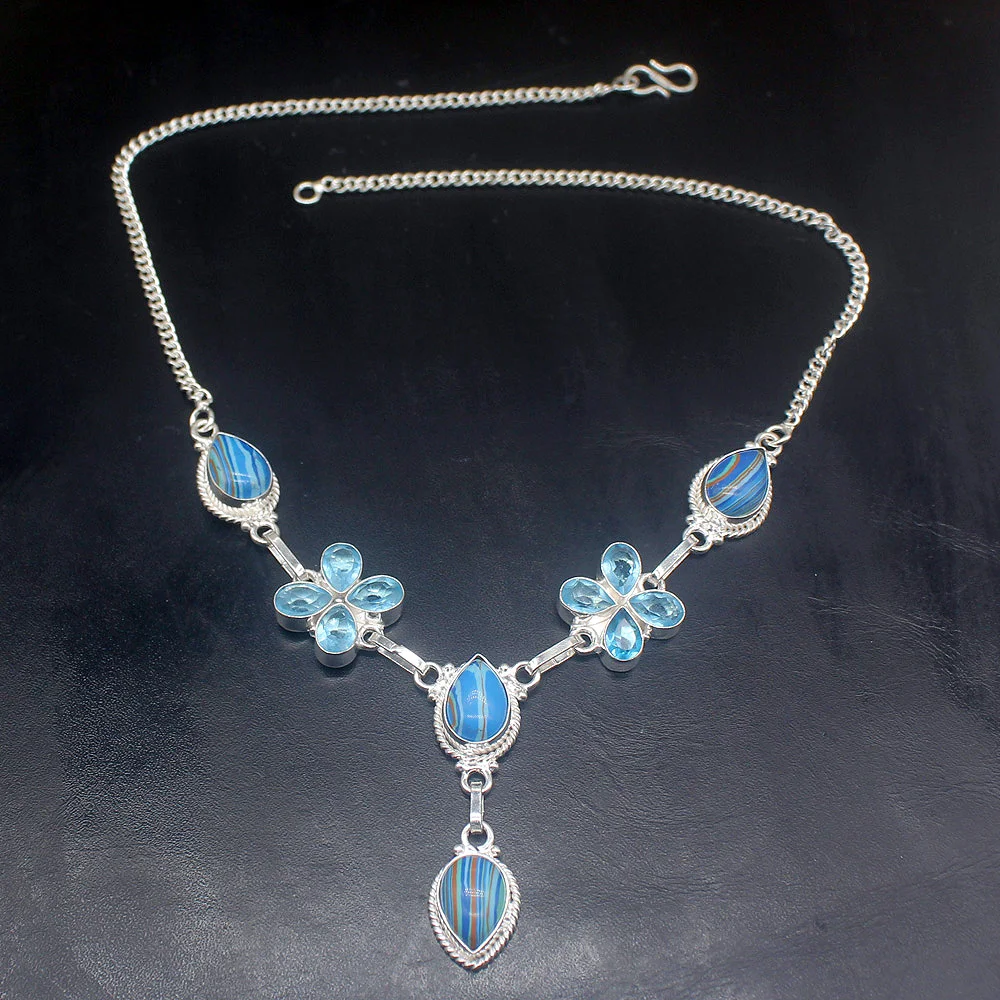

Gemstonefactory Jewelry Big Promotion 925 Silver Beautiful Stripe Jasper Blue Topaz Gifts Women Chain Necklace 44cm 202101396