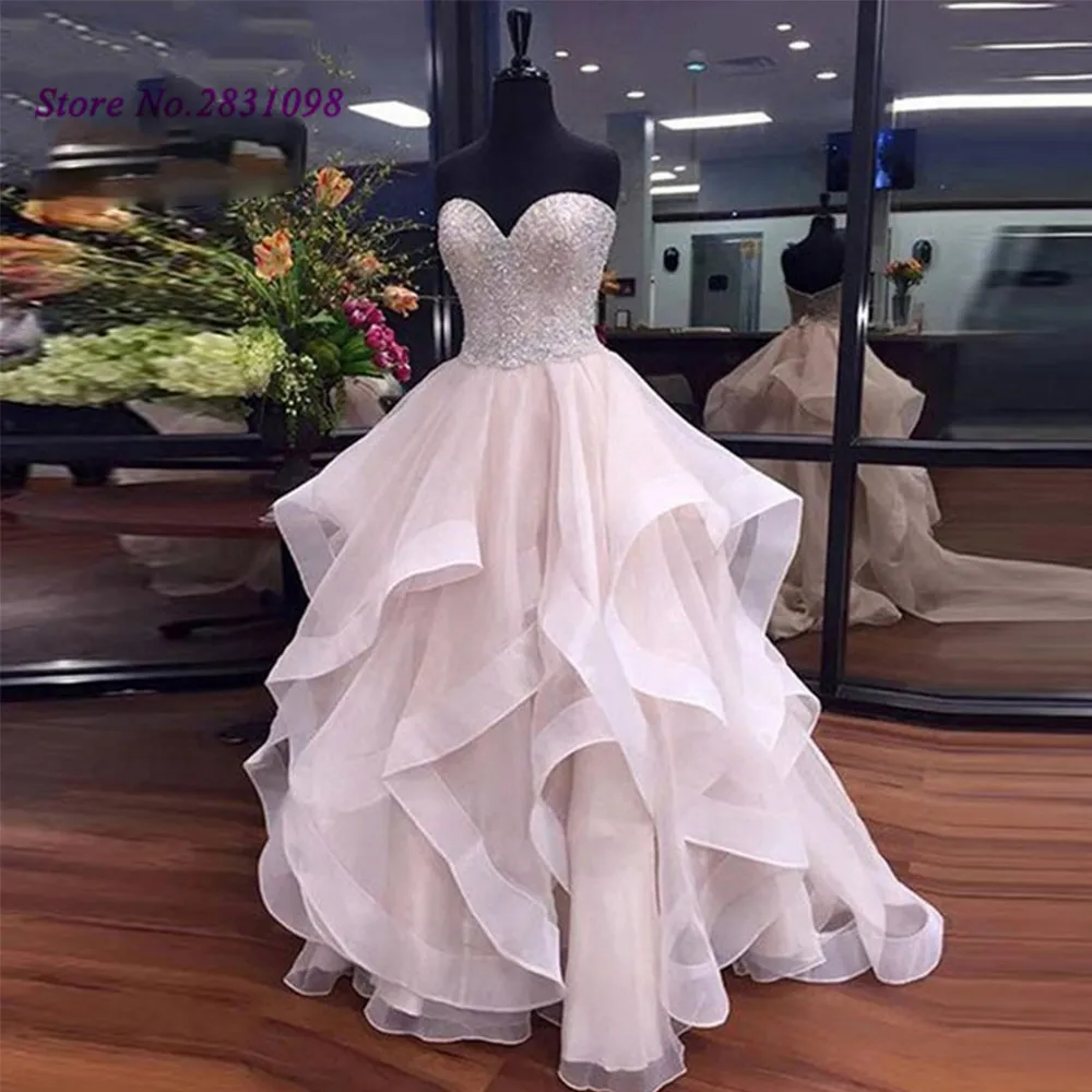 Robe de Mariage, светильник, розовое свадебное платье, Роскошные свадебные платья, бисер, кристаллы, платья невесты, органза, оборки, шнуровка на спине
