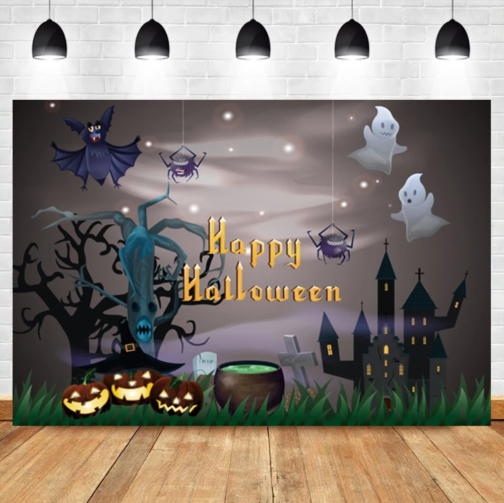 

Laeacco Halloween Party Pumpkin Lantern Bat Spider Baby Birthday Banner Backdrop Photographic Photo Background For Photo Studio