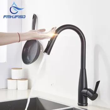 

Black Sink Kitchen Sensor Faucet Pull Out 2-way Sprayer Hot Cold Mixer Crane Tap 360 Swivel Faucets Deck Mount Touch Tap
