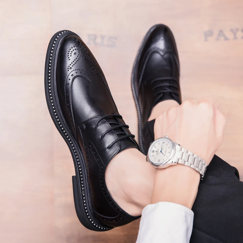 Mens Leather Shoes Genuine Brand Brogue Shoes Men Business Lace-up Formal Oxford Fashion Printed Wedding Dress Platform Footwear