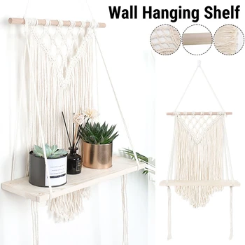 

Fashion Wall Hanging Rope Flower Pot Storage Wooden Swing Shelf Home Decorative Tassel Tapestry Pendant