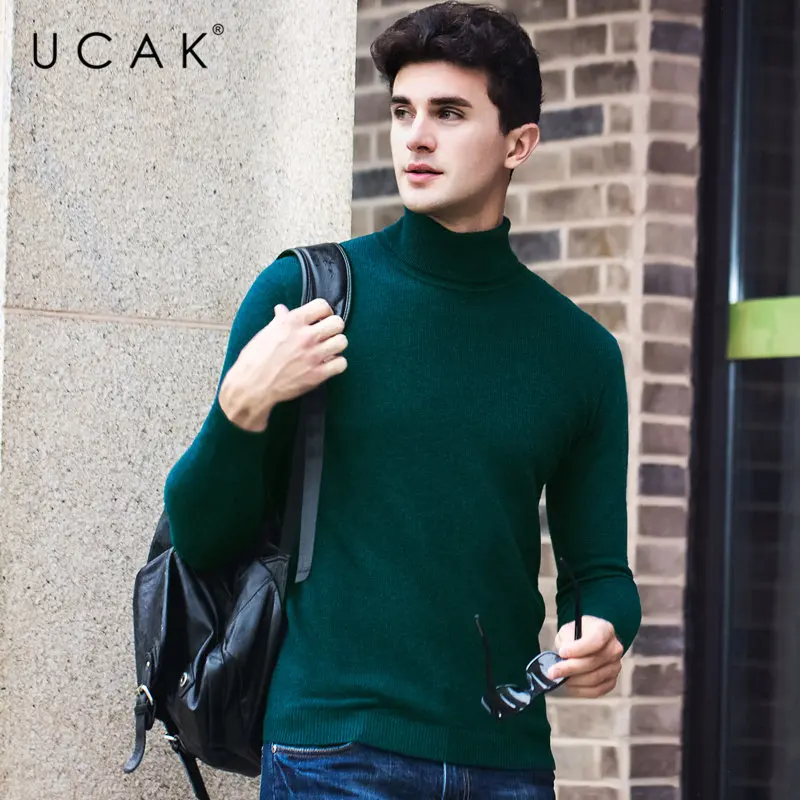 UCAK Brand 100% Merino Wool Sweater Men Autumn Winter Thick Warm Turtleneck Pullover Men Soft Knitwear Cashmere Pull Homme U3060