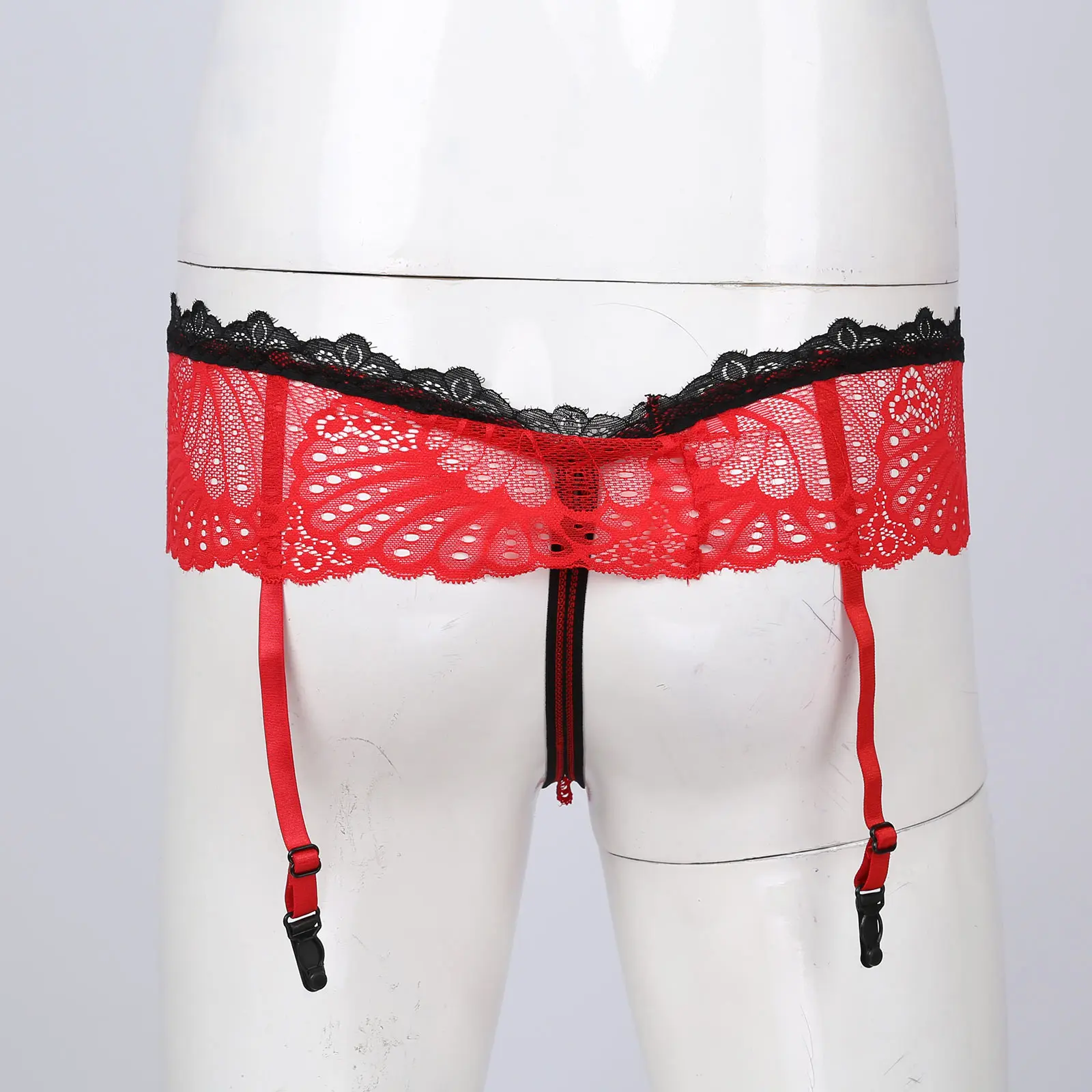 Male Gay Mens Sexy Exotic Panties Skirted Thongs Bowknot Crotchless T-Back Adjustable Garter Belt Lace G-String Sissy Underwear