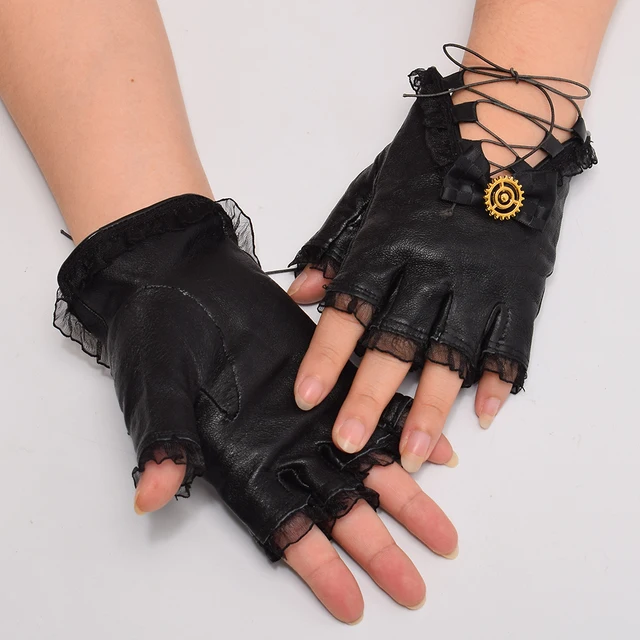 Lot De 2 Paires De Gants Punk En Cuir Synthétique Pour Femme, Mitaines En Forme De Cœur, Gants De Danse Demi-doigts Pour Halloween, Noir Et Argenté, Taille Unique