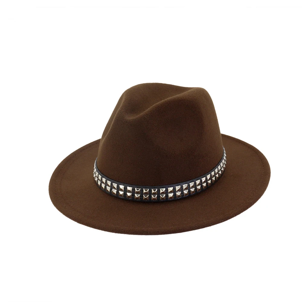 Dark Coffee Для женщин Для мужчин шерстяная шляпа Fedora широкий джазования с полями шляпа с лента в стиле «панк» в джентльменском стиле; элегантные женские церковь различных мероприятий Размеры окружности головы 56-58 см - Цвет: Dark Coffee
