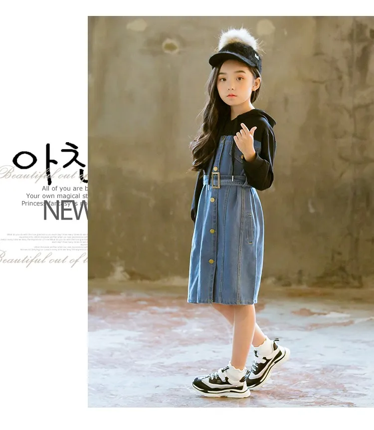Girls denim dress with hoodies 3 to 13 years autumn fashion female children dresses faux two pcs girls dresses Vestido