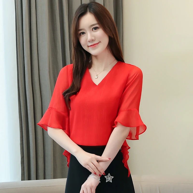

Women Casual Shirt Summer Blouses Women Short Sleeve V-neck Flared Sleeve Solid Color Shirt Blusas