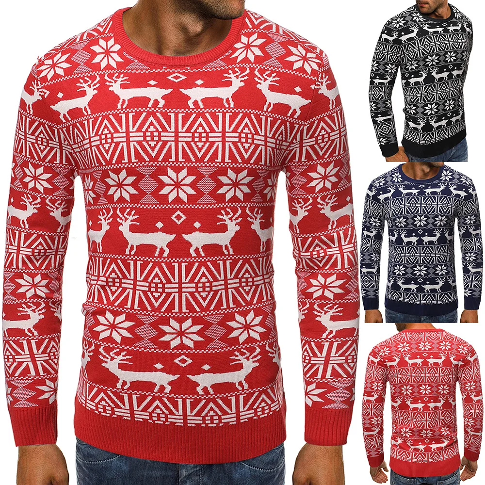 Men s Sweaters Ping an Deer Printed Sweaters Round Necked Slim Fit Sweaters Sweaters Tops Red 1