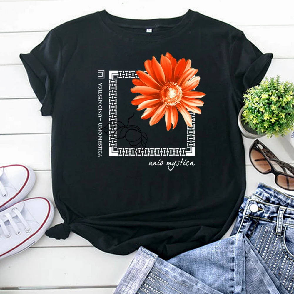 Tshirt Chrysanthemum Personality Pattern Printing Women'S Tshirt Korean Style T-Shirts For Woman Vintage Big Women Clothing