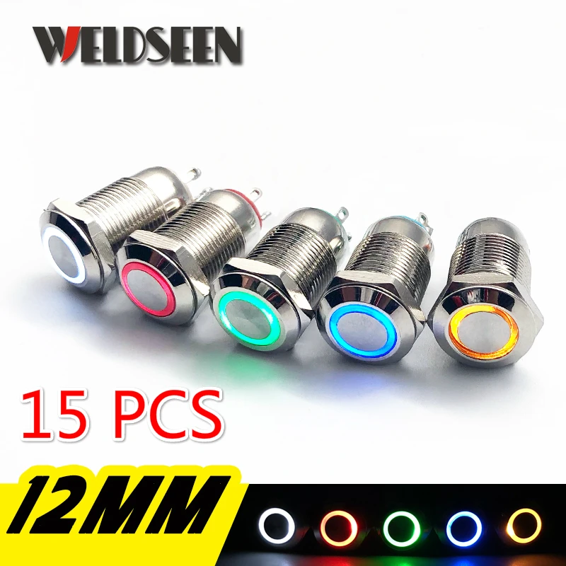 15Pcs12mm самоблокирующиеся светодиодный свет металлическая кнопка Красный 3V с плоской головкой