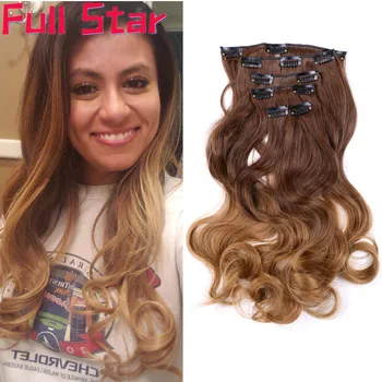 

Full Star 6 Pieces 22" Ombre Clip in Hair Extensions synthetic Hair Black to Chestnut Brown Highlight Black for White women