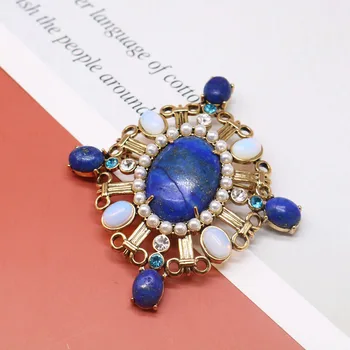 

Copper Material Brooch Natural-Stones Blue Marble Lapis Lazuli Delicate Vintage Designs
