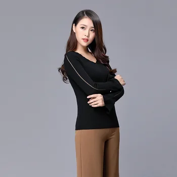 

Autumn Girls Striped Black Wool Sweaters Thin V-neck Long Sleeve Ladies Knitted Sweater Casual Vogue Female Knitwear Pullover