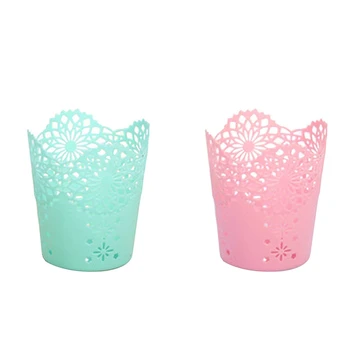 

2Pcs Pen Holder Round Plastic Brush Pencil Storage Organiser Wastebasket Lace Hollow Desk Tidy Pot - Green & Pink