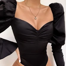 Cryptographic Sexy Black Bodysuits Solid Backless Puff Sleeve Bodycon Rompers Fashion Female Winter Body Suits Elegant Skinny