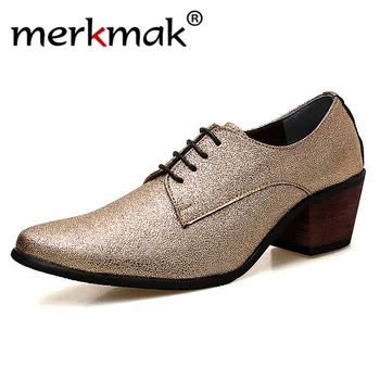 

Merkmak Men Oxford Dress Shoes Lace-Up Pointed Toe High Heels Gold Silver Wedding Groom Shoes Bling Glitter Party Fotwear