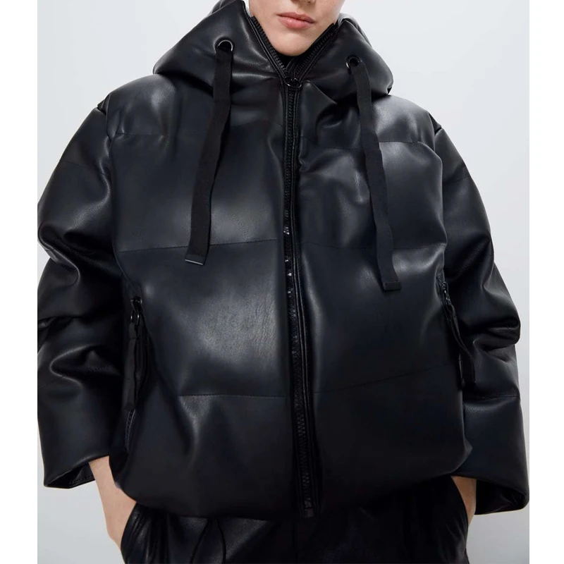 YNZZU, зимняя плотная Женская парка из искусственной кожи с капюшоном, куртка из искусственной кожи, женская верхняя одежда, повседневное крутое хлопковое пальто большого размера A1357