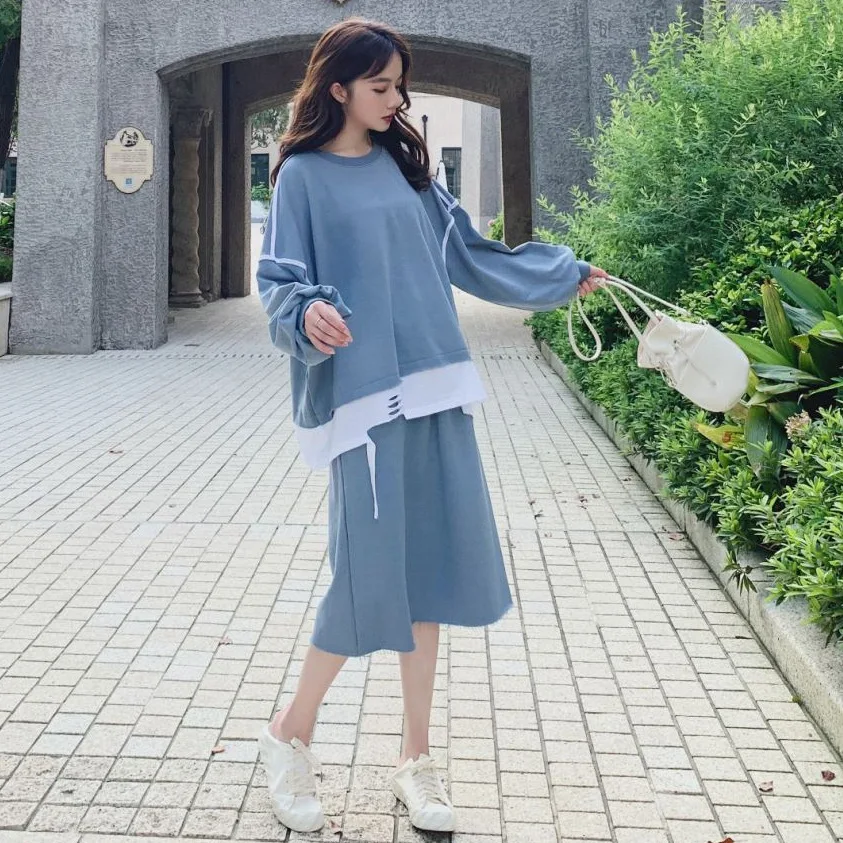 

Photo Shoot Oversize Orange Pink se pin jie Mock Two-Piece Pullover Hoody Women's High-waisted Mid-length Skirt Set Autumn